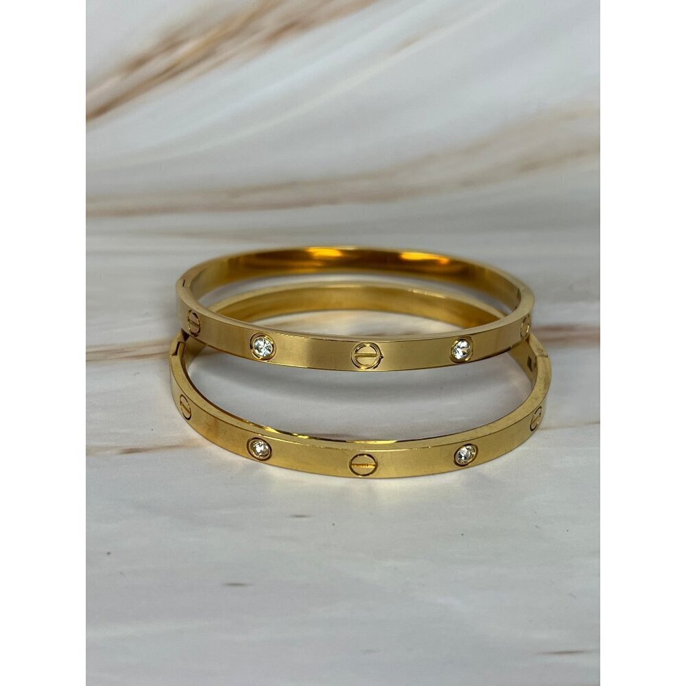 Lima Gold Tone Stainless Steel Crystal Bangle Bracelet - Hypoallergenic - Picture 2 of 3
